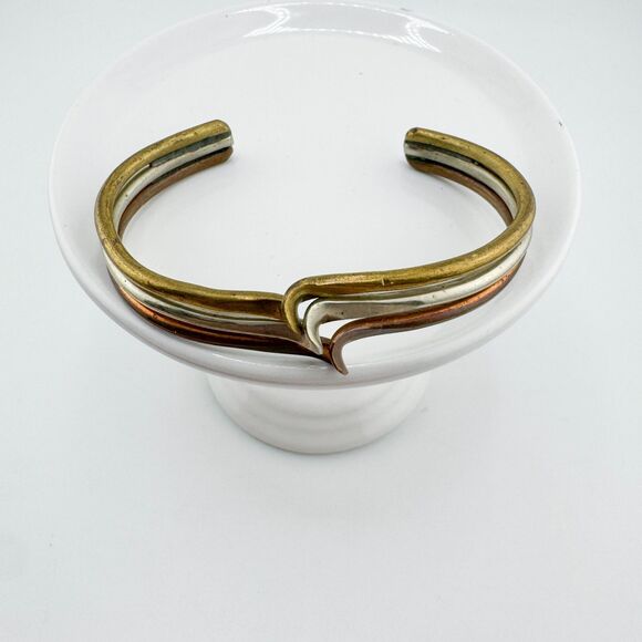 Vintage Tri Tone Mixed Metal Zigzag Cuff Bracelet Modernist Copper Brass - Picture 7 of 9